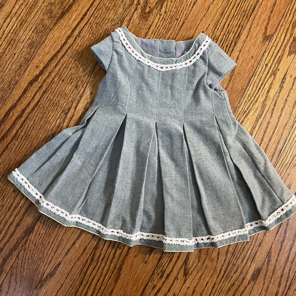 Gray Formal Lined Dress with Metallic Gold Piping and Button Back